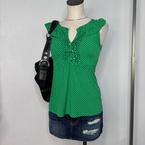 Polka Dot Babydoll Tank Top Ruffles Green White Coquette Waist Tie Y2K Style